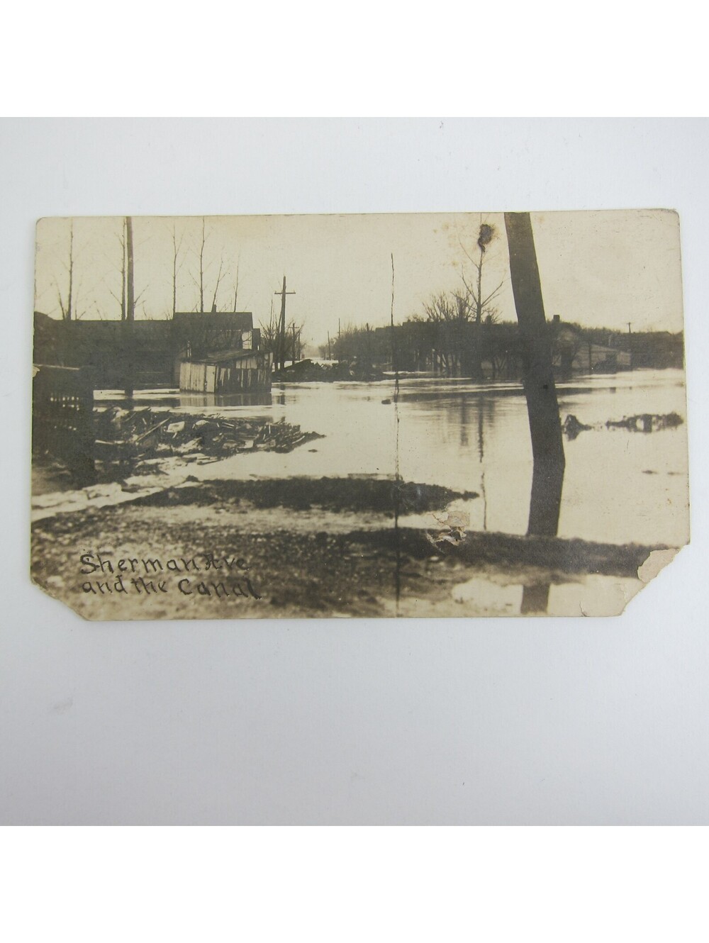 Real Photo Postcard RPPC 1913 Dayton Ohio Flood Sherman Ave & the Canal Antique